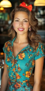 A beautiful woman sits at the counter of an American restaurant. Stylized from1940s - 1950s. AI generative.