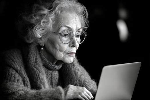 An elderly woman using a laptop computer AI generative.