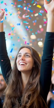 oung woman, celebrating with her arms raised high in the air, surrounded by colorful confetti.  AI generative.