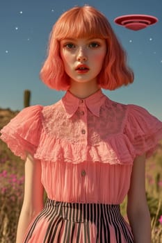 Paint oil colors eye-catching hyper-detailed realism fantastic retro-futuristic portrait of straight short cut and bangs magenta hair slight sulky young albino woman 70's glamorous clothing on background dressed, portrait of famous people Dakota Fanning, the woman is standing in the middle of a striped black and electric cobalt grass field michael sewa edward hopper style, fuchsia moon, ufo disk flying in the starry black night sky, Bo Bartlett, Tom Bagshaw --chaos 30 --ar 2:3 --style raw --stylize 300 --v 6.1 Job ID: 051e910d-ddef-4e95-89e6-d9139821e77c