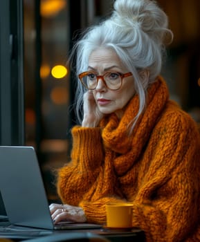 An elderly woman using a laptop computer AI generative.