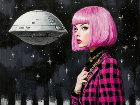 Paint oil colors eye-catching hyper-detailed realism fantastic retro-futuristic portrait of straight short cut and bangs magenta hair slight sulky young albino woman 70's glamorous clothing on background dressed, portrait of famous people Dakota Fanning, the woman is standing in the middle of a striped black and electric cobalt grass field michael sewa edward hopper style, fuchsia moon, ufo disk flying in the starry black night sky, Bo Bartlett, Tom Bagshaw --chaos 30 --ar 4:3 --style raw --stylize 300 --v 6.1 Job ID: 495d0440-a865-4ebe-b619-d3c7b6ea0c24