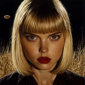 Paint oil colors eye-catching hyper-detailed realism fantastic retro-futuristic portrait of straight short cut and bangs magenta hair slight sulky young albino woman 70's glamorous clothing on background dressed, portrait of famous people Dakota Fanning, the woman is standing in the middle of a striped black and electric cobalt grass field michael sewa edward hopper style, fuchsia moon, ufo disk flying in the starry black night sky, Bo Bartlett, Tom Bagshaw --chaos 30 --style raw --stylize 300 --v 6.1 Job ID: 051587f6-3fa5-49bf-97b6-0248e08b580d