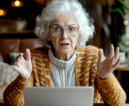 An elderly woman using a laptop computer AI generative.