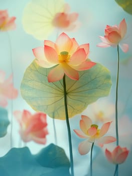 Lotus leaf, water reflection, perspective aesthetics, soft gradient colors, red and yellow, minimalist image from ancient China. AI generative.