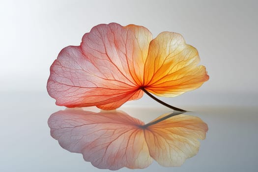 Lotus leaf, water reflection, perspective aesthetics, soft gradient colors, red and yellow, minimalist image from ancient China. AI generative.