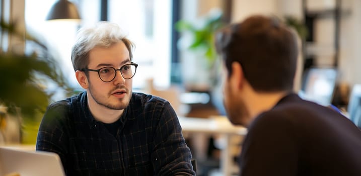Two colleagues in a modern office setting engaged in a focused discussion, highlighting teamwork and collaboration.