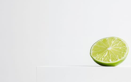 A half lime on a white pedestal with ample copy space, perfect for creative designs and text.