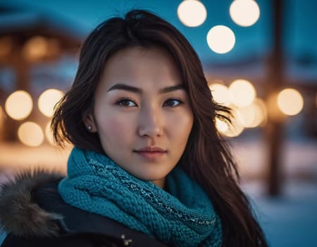 A young woman 25 years old urban setting, with warm, glowing light in the background highlighting her features as the sun sets. Fashionable serious brunette. A resident of Kazakhstan. AI generated