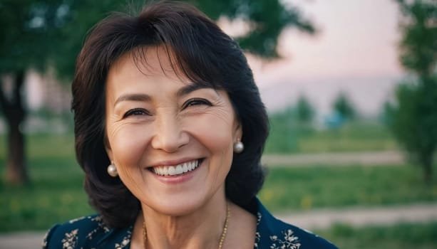 A cheerful woman 50 years old is enjoying a sunny afternoon in a park, showcasing her radiant smile and elegant pearl earrings as she embraces the moment. A resident of Kazakhstan. AI generated