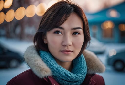 A young woman 25 years old urban setting, with warm, glowing light in the background highlighting her features as the sun sets. Fashionable serious brunette. A resident of Kazakhstan. AI generated