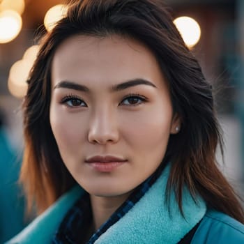 A young woman 25 years old urban setting, with warm, glowing light in the background highlighting her features as the sun sets. Fashionable serious brunette. A resident of Kazakhstan. AI generated