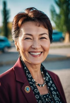 A cheerful woman 50 years old is enjoying a sunny afternoon in a park, showcasing her radiant smile and elegant pearl earrings as she embraces the moment. A resident of Kazakhstan. AI generated
