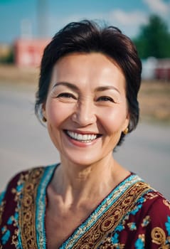 A cheerful woman 50 years old is enjoying a sunny afternoon in a park, showcasing her radiant smile and elegant pearl earrings as she embraces the moment. A resident of Kazakhstan. AI generated