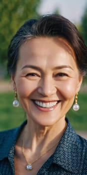 A cheerful woman 50 years old is enjoying a sunny afternoon in a park, showcasing her radiant smile and elegant pearl earrings as she embraces the moment. A resident of Kazakhstan. AI generated