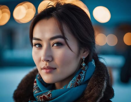 A young woman 25 years old urban setting, with warm, glowing light in the background highlighting her features as the sun sets. Fashionable serious brunette. A resident of Kazakhstan. AI generated