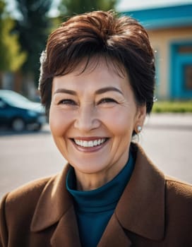 A cheerful woman 50 years old is enjoying a sunny afternoon in a park, showcasing her radiant smile and elegant pearl earrings as she embraces the moment. A resident of Kazakhstan. AI generated