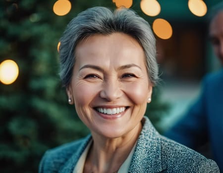 A cheerful woman 50 years old is enjoying a sunny afternoon in a park, showcasing her radiant smile and elegant pearl earrings as she embraces the moment. A resident of Kazakhstan. AI generated