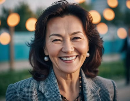 A cheerful woman 50 years old is enjoying a sunny afternoon in a park, showcasing her radiant smile and elegant pearl earrings as she embraces the moment. A resident of Kazakhstan. AI generated