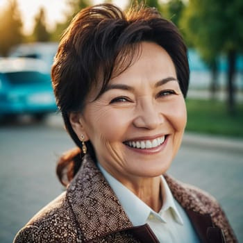 A cheerful woman 50 years old is enjoying a sunny afternoon in a park, showcasing her radiant smile and elegant pearl earrings as she embraces the moment. A resident of Kazakhstan. AI generated