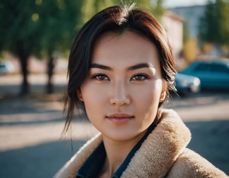 A young woman 25 years old urban setting, with warm, glowing light in the background highlighting her features as the sun sets. Fashionable serious brunette. A resident of Kazakhstan. AI generated