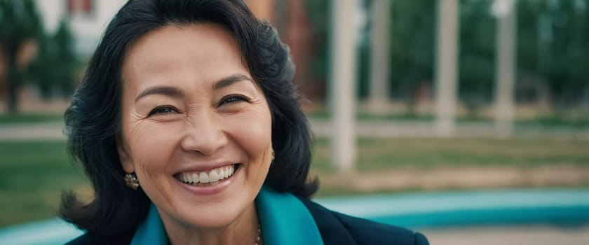 A cheerful woman 50 years old is enjoying a sunny afternoon in a park, showcasing her radiant smile and elegant pearl earrings as she embraces the moment. A resident of Kazakhstan. AI generated