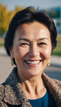 A cheerful woman 50 years old is enjoying a sunny afternoon in a park, showcasing her radiant smile and elegant pearl earrings as she embraces the moment. A resident of Kazakhstan. AI generated