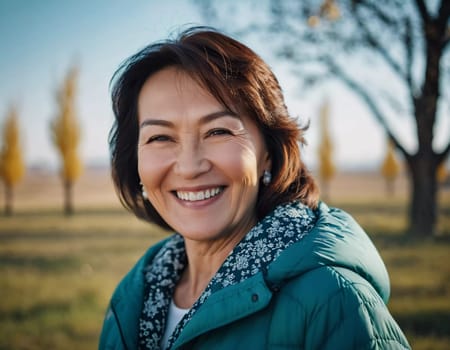 A cheerful woman 50 years old is enjoying a sunny afternoon in a park, showcasing her radiant smile and elegant pearl earrings as she embraces the moment. A resident of Kazakhstan. AI generated