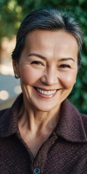 A cheerful woman 50 years old is enjoying a sunny afternoon in a park, showcasing her radiant smile and elegant pearl earrings as she embraces the moment. A resident of Kazakhstan. AI generated