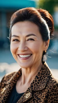 A cheerful woman 50 years old is enjoying a sunny afternoon in a park, showcasing her radiant smile and elegant pearl earrings as she embraces the moment. A resident of Kazakhstan. AI generated