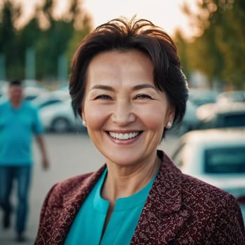 A cheerful woman 50 years old is enjoying a sunny afternoon in a park, showcasing her radiant smile and elegant pearl earrings as she embraces the moment. A resident of Kazakhstan. AI generated