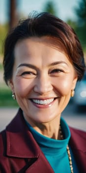 A cheerful woman 50 years old is enjoying a sunny afternoon in a park, showcasing her radiant smile and elegant pearl earrings as she embraces the moment. A resident of Kazakhstan. AI generated