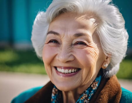An elderly woman 75 years old beams with joy, showcasing her bright smile and sparkling eyes. The outdoor setting creating a cheerful ambiance as a background. A resident of Kazakhstan. AI generated.