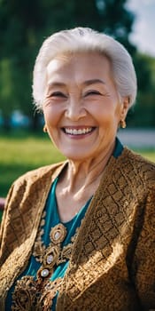 An elderly woman 75 years old beams with joy, showcasing her bright smile and sparkling eyes. The outdoor setting creating a cheerful ambiance as a background. A resident of Kazakhstan. AI generated.