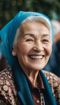 An elderly woman 75 years old beams with joy, showcasing her bright smile and sparkling eyes. The outdoor setting creating a cheerful ambiance as a background. A resident of Kazakhstan. AI generated.