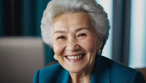An elderly woman 75 years old beams with joy, showcasing her bright smile and sparkling eyes. The outdoor setting creating a cheerful ambiance as a background. A resident of Kazakhstan. AI generated.