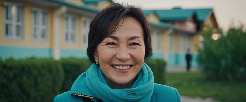 A cheerful woman 50 years old is enjoying a sunny afternoon in a park, showcasing her radiant smile and elegant pearl earrings as she embraces the moment. A resident of Kazakhstan. AI generated