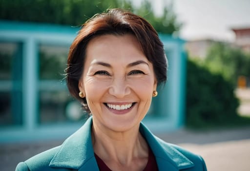 A cheerful woman 50 years old is enjoying a sunny afternoon in a park, showcasing her radiant smile and elegant pearl earrings as she embraces the moment. A resident of Kazakhstan. AI generated