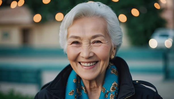 An elderly woman 75 years old beams with joy, showcasing her bright smile and sparkling eyes. The outdoor setting creating a cheerful ambiance as a background. A resident of Kazakhstan. AI generated.