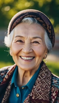 An elderly woman 75 years old beams with joy, showcasing her bright smile and sparkling eyes. The outdoor setting creating a cheerful ambiance as a background. A resident of Kazakhstan. AI generated.