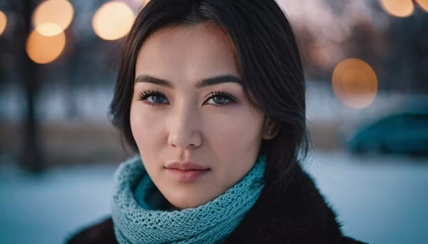 A young woman 25 years old urban setting, with warm, glowing light in the background highlighting her features as the sun sets. Fashionable serious brunette. A resident of Kazakhstan. AI generated
