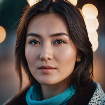 A young woman 25 years old urban setting, with warm, glowing light in the background highlighting her features as the sun sets. Fashionable serious brunette. A resident of Kazakhstan. AI generated