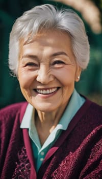 An elderly woman 75 years old beams with joy, showcasing her bright smile and sparkling eyes. The outdoor setting creating a cheerful ambiance as a background. A resident of Kazakhstan. AI generated.
