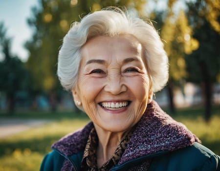 An elderly woman 75 years old beams with joy, showcasing her bright smile and sparkling eyes. The outdoor setting creating a cheerful ambiance as a background. A resident of Kazakhstan. AI generated.