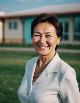 A cheerful woman 50 years old is enjoying a sunny afternoon in a park, showcasing her radiant smile and elegant pearl earrings as she embraces the moment. A resident of Kazakhstan. AI generated