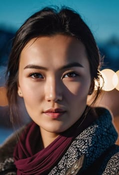 A young woman 25 years old urban setting, with warm, glowing light in the background highlighting her features as the sun sets. Fashionable serious brunette. A resident of Kazakhstan. AI generated