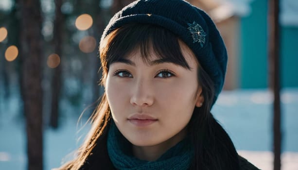 A young woman 25 years old urban setting, with warm, glowing light in the background highlighting her features as the sun sets. Fashionable serious brunette. A resident of Kazakhstan. AI generated