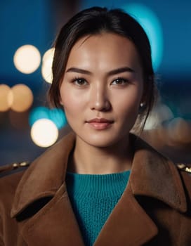 A young woman 25 years old urban setting, with warm, glowing light in the background highlighting her features as the sun sets. Fashionable serious brunette. A resident of Kazakhstan. AI generated