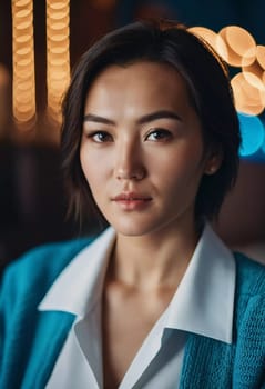 A young woman 25 years old urban setting, with warm, glowing light in the background highlighting her features as the sun sets. Fashionable serious brunette. A resident of Kazakhstan. AI generated