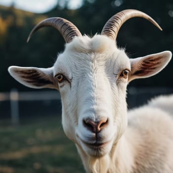 The white goat with distinct horns gazes intently, showcasing its expressive eyes and soft fur against a blurred background during golden hour. Generative AI.